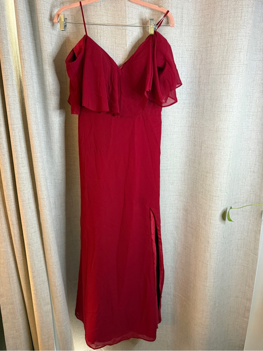 Bill Levkoff Burgundy Off-Shoulder Maxi Dress with Ruffle